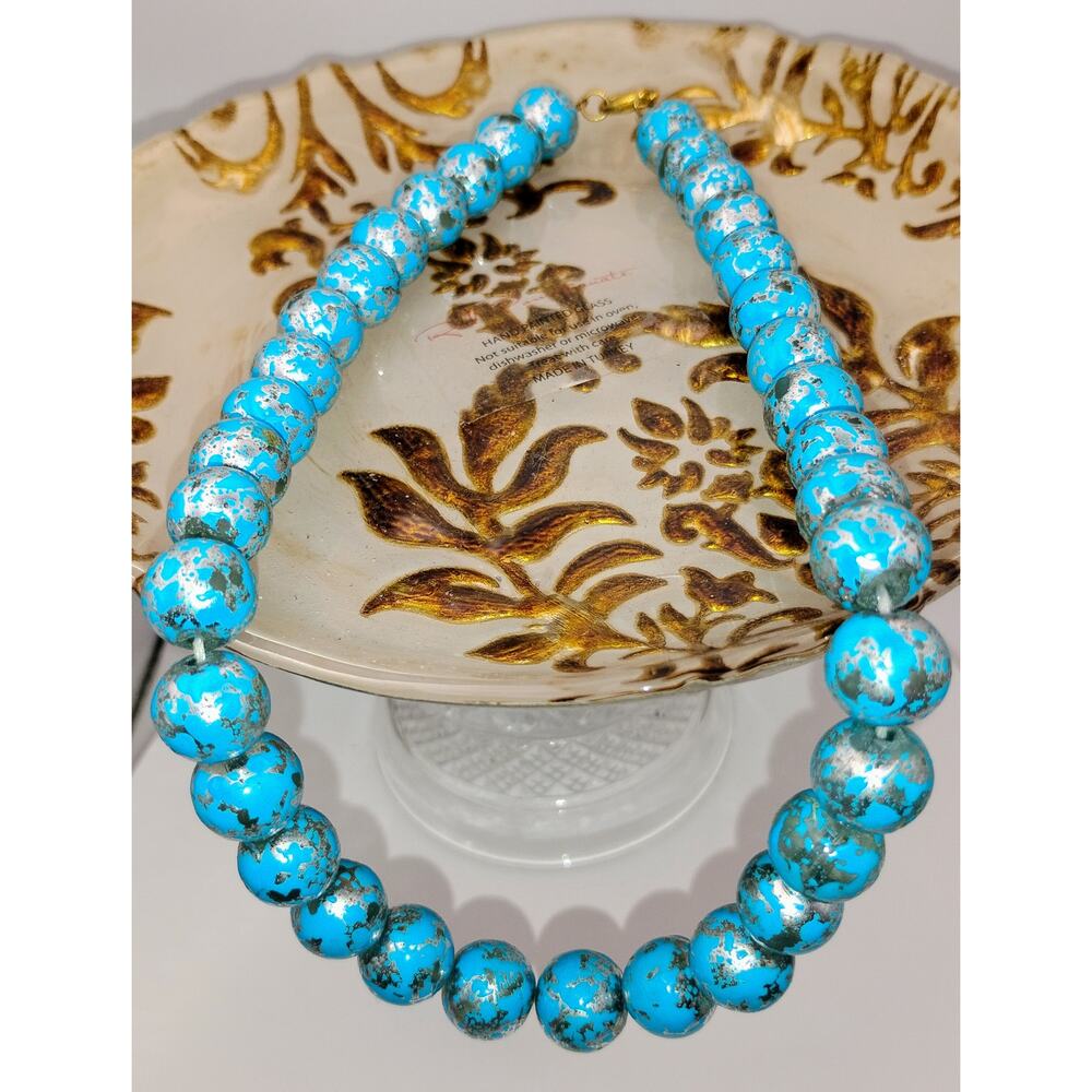 Turquoise Statement Necklace Silver Matrix Beads Bold Gold Clasp